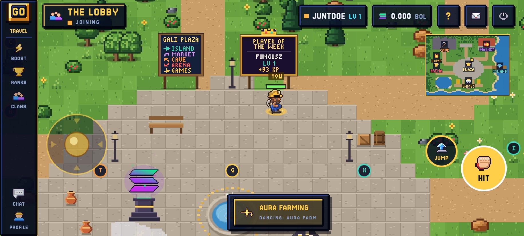 The lobby in landscape: joystick bottom left, HIT and JUMP bottom right, menus down the left side
