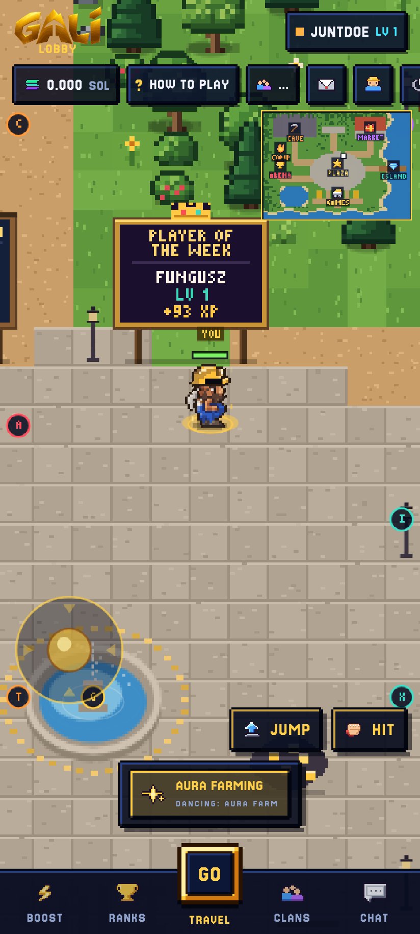 The lobby in portrait: joystick and HIT and JUMP above a menu bar along the bottom